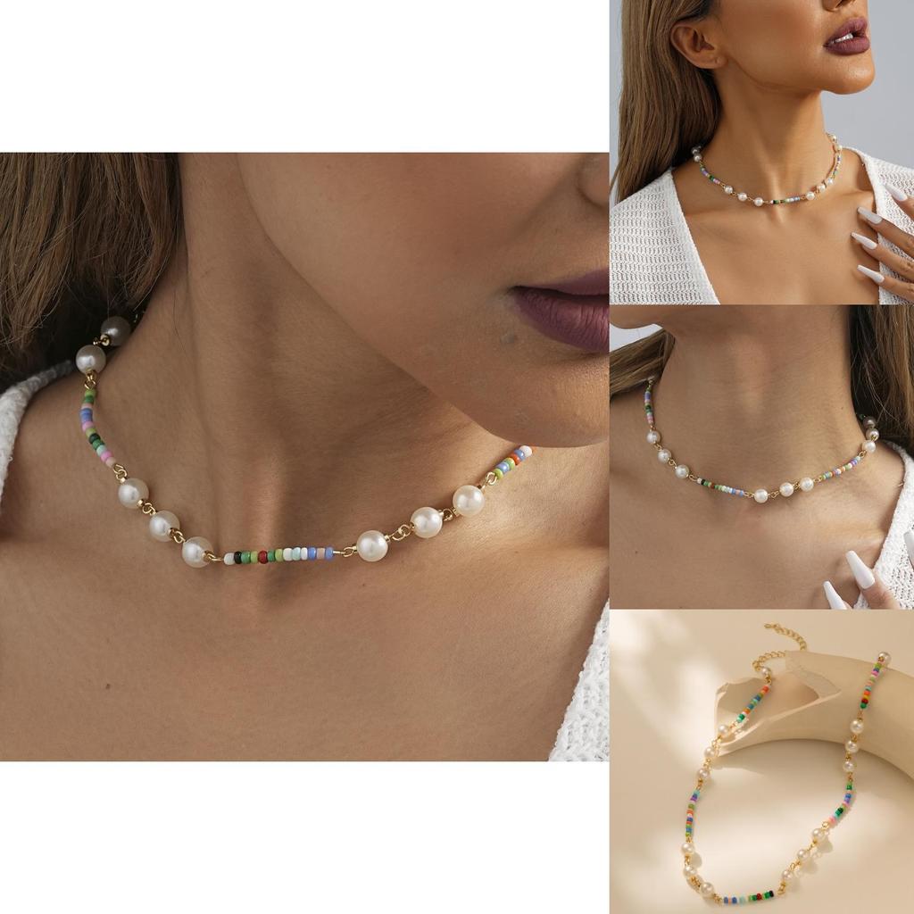 Fashionable Colorful Beaded Necklace With Imitation Pearl Elegant Geometric Design For Women
