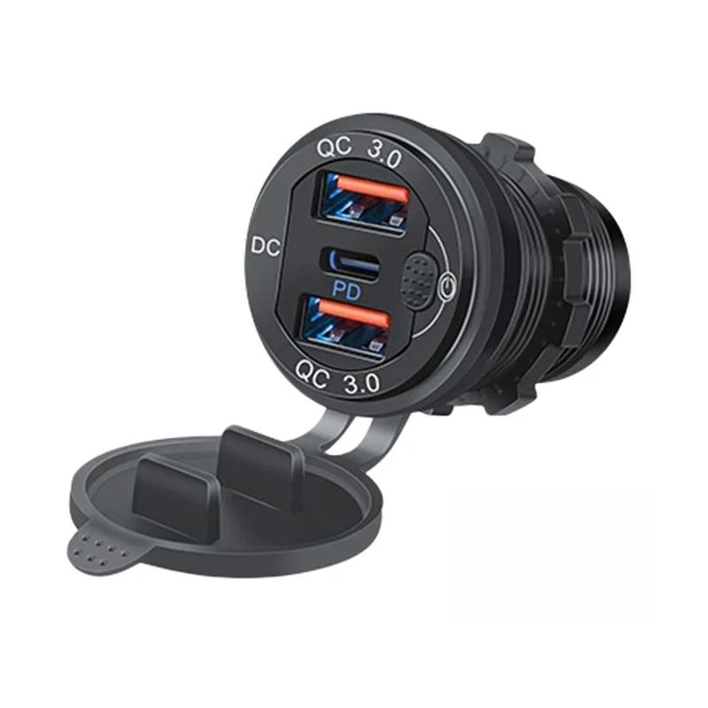 

12 В/24 В USB-розетка 78 Вт 3 порта автомобильное зарядное устройство розетка двойная 30 Вт PD тип C и 18 Вт QC 3.0 с выключателем для автомобиля грузовика мотоцикла автофургона морской with cable чёрный