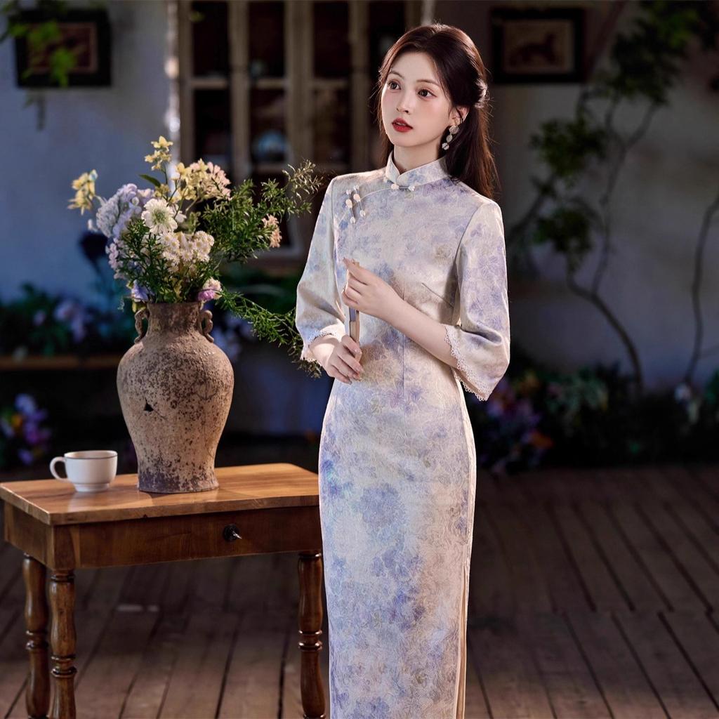 1011 autumn new cheongsam new Chinese style purple beautiful temperament girl cheongsam cold and thin women's cheongsam