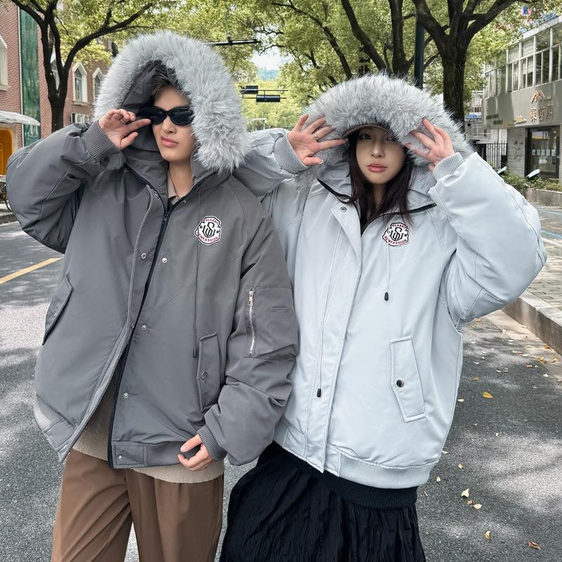 British hooded fur collar men and women couple cotton clothes women's winter thickened warm retro short men's tooling cotton-padded clothes outside