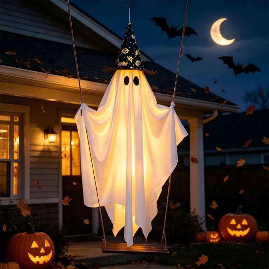 Lighted Spooky Ghost Decor Halloween Swing Hanging Decoration, Witch Hat Ornament with LED Battery Powered String Light, Remote Control Light-up