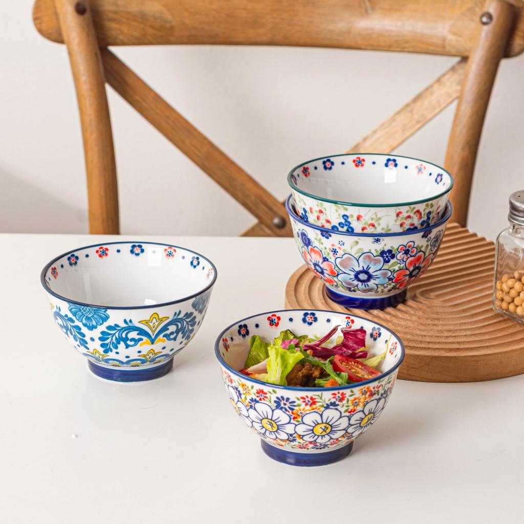 Vintage Polish Rice Bowls - 4pcs Set, Hand-Painted Ceramic for Soup, Salad, Yogurt