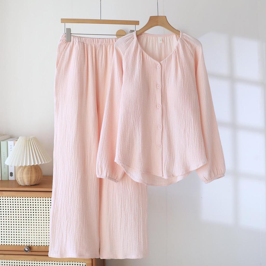 Women's Cotton Gauze Double-Layer Long Pajama Set with Chest Pads