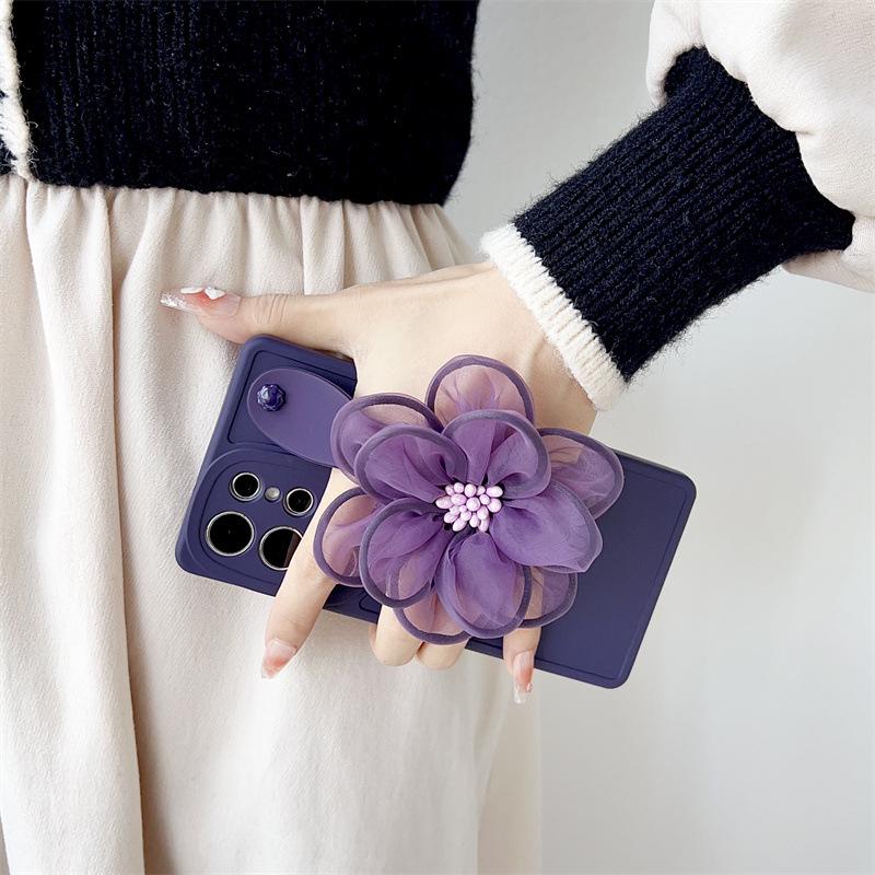 Luxury Dark Purple Ice Velvet Flower Case with Wrist Strap for Samsung S22FE & S23ULTRA