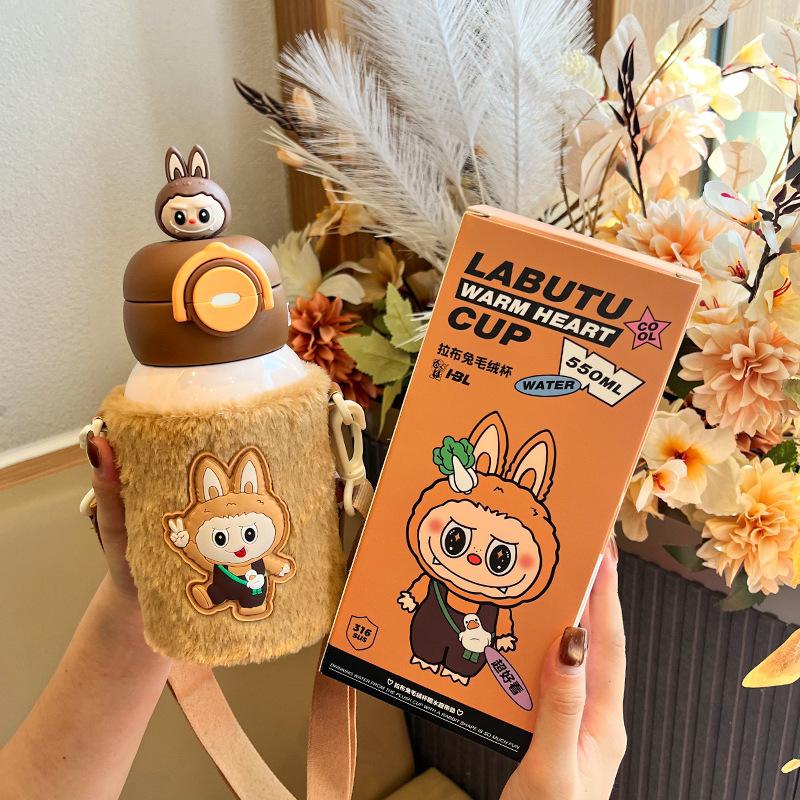 

Double Drink Thermos Cup with Straw Direct Drink Cup Cover Cute Straw Cup Student Portable Water Cup 550ml