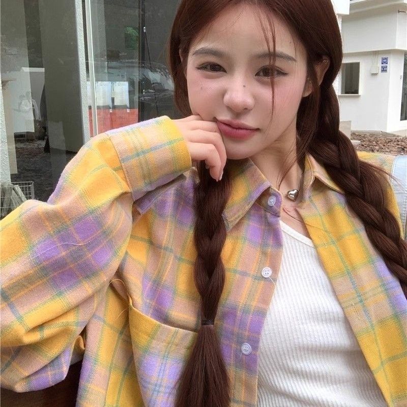 Color Blocking Checkered Women's Shirt Thin Loose Casual Sunscreen Shirts Spring Long Sleeved Lapel Female's Blouses