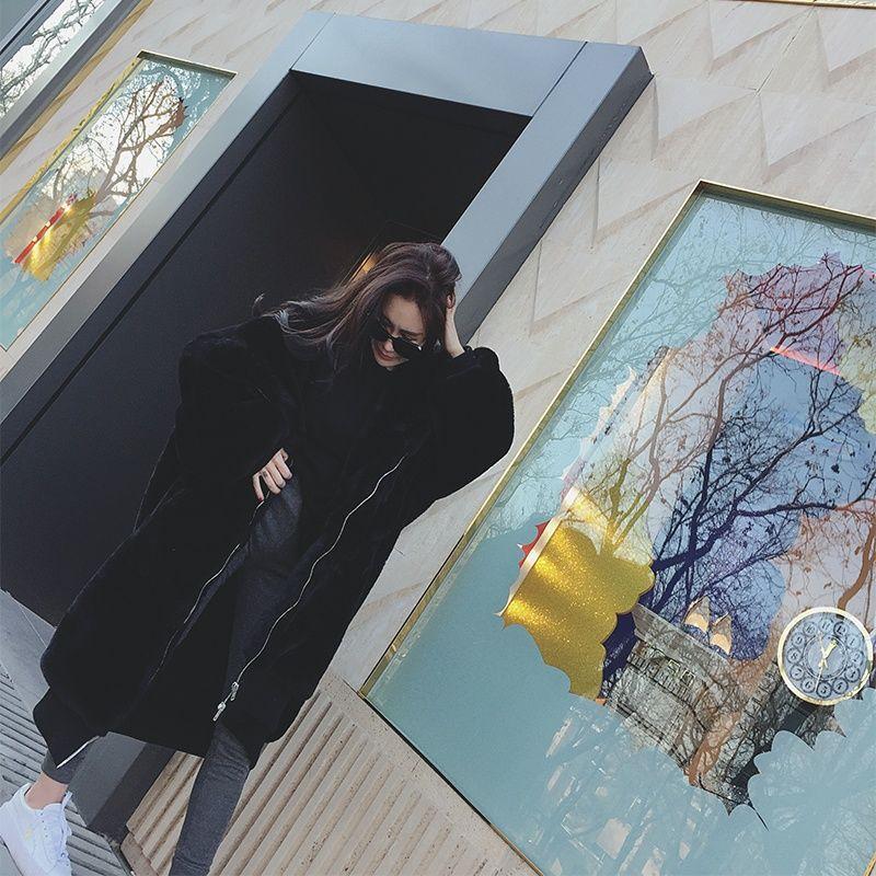 Loose Plush Jacket Women's Imitation Fur Coat Thickened Hooded Long Cotton Autumn and Winter Large Size Black