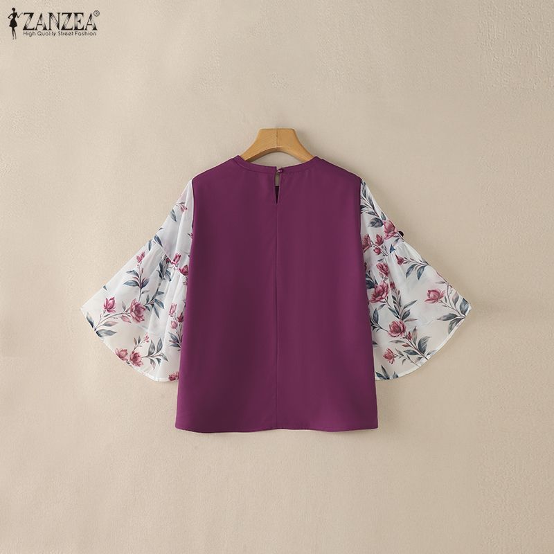 ZANZEA Damska casualowa luźna bluzka z okrągłym dekoltem, nadrukiem i wstawkami, rękaw 3/4