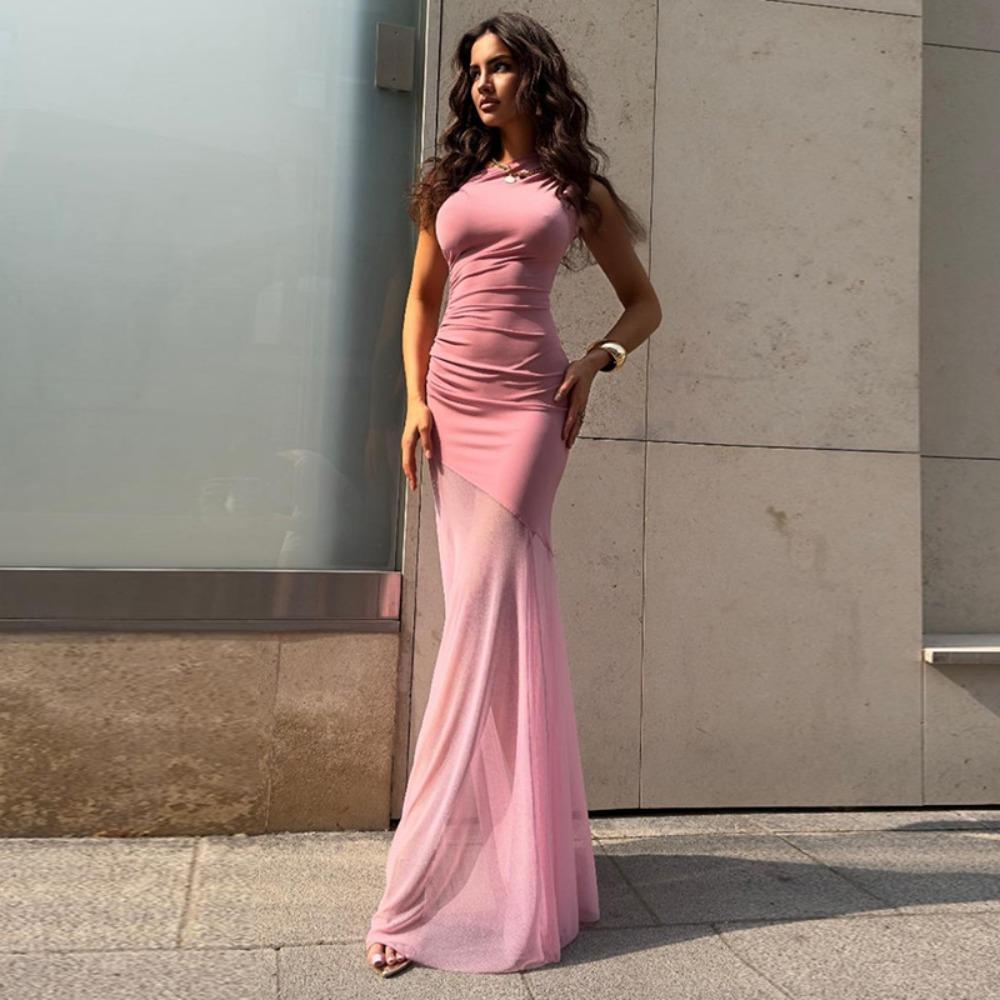 Women's One Shoulder Sleeveless Maxi Dress Slim Fit High Waist Streetwear Solid Mesh Sheer Split Long Gown