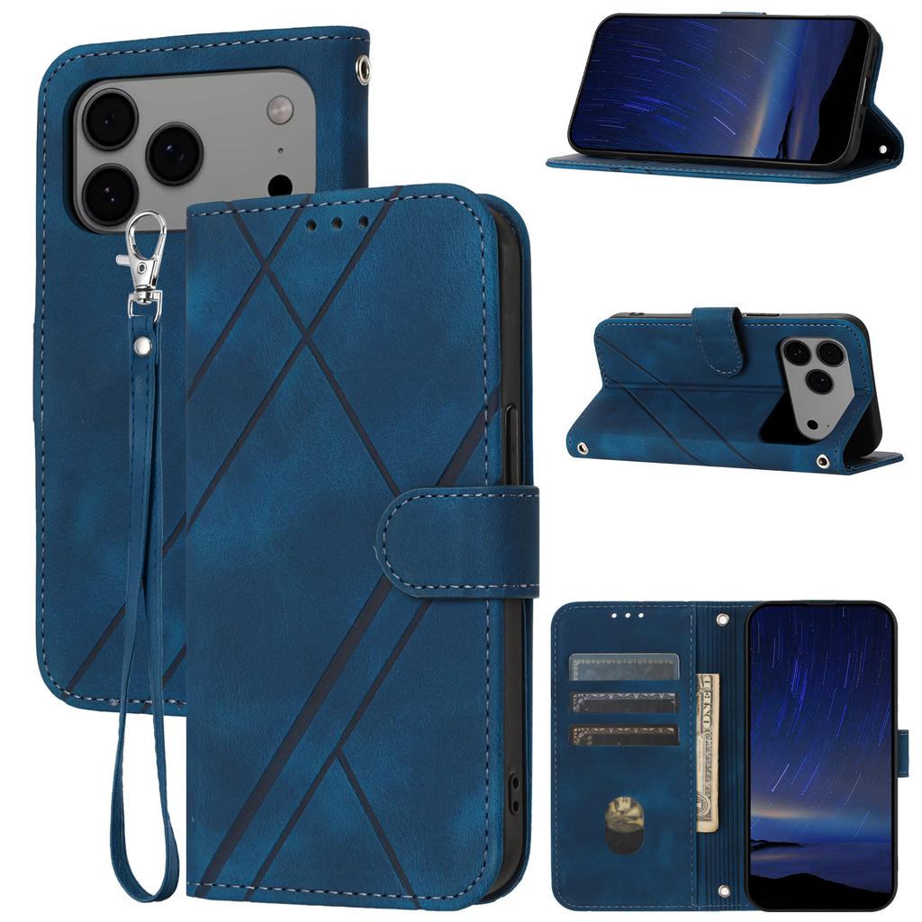 For iPhone 17 Pro Max Case Imprinted Line Leather Phone Cover with Handy Strap