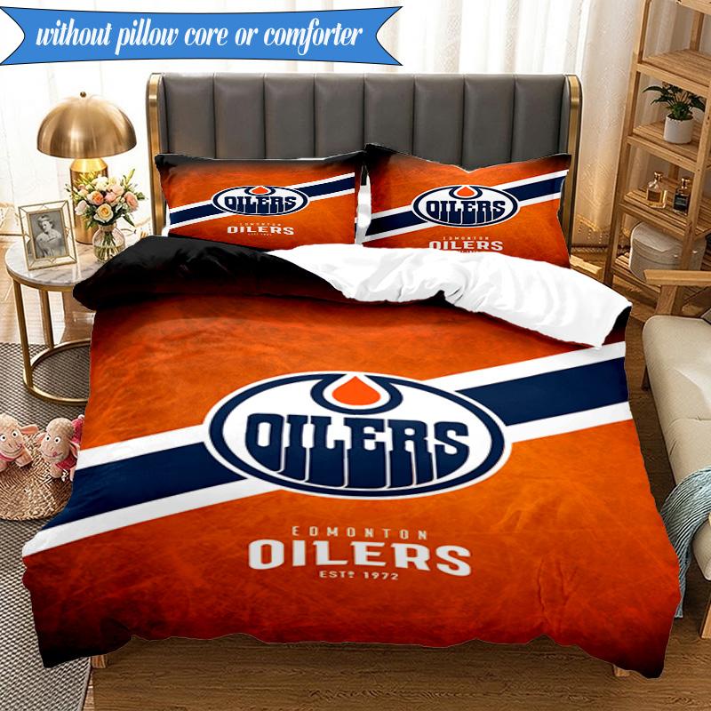 3PCS Edmonton Oilers Emblem Bedding Set,Including 1pc Duvet Cover And 2pcs Pillowcases Perfect for Bedroom, Dormitory, Fan Christmas Gift