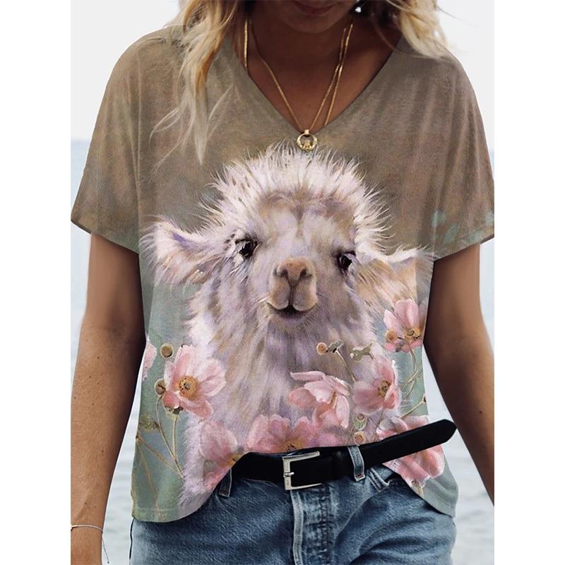 Módní jarní halenky s potiskem koťátka, trička s krátkým rukávem a výstřihem do V, ležérní