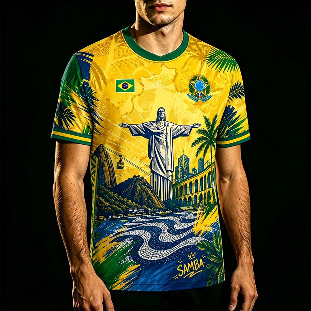 Brasilien Stil Flagge Gedrucktes Trikot Herren Damen Jesus Grafik 3D Druck Fußball T-Shirt Schnelltrocknend Und Atmungsaktiv Sport Uniform T-Shirt