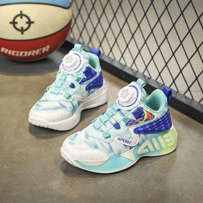 Zapatos deportivos antideslizantes de combate para niños nuevos zapatos de baloncesto con absorción de impactos con botón giratorio para niños grandes cara de malla