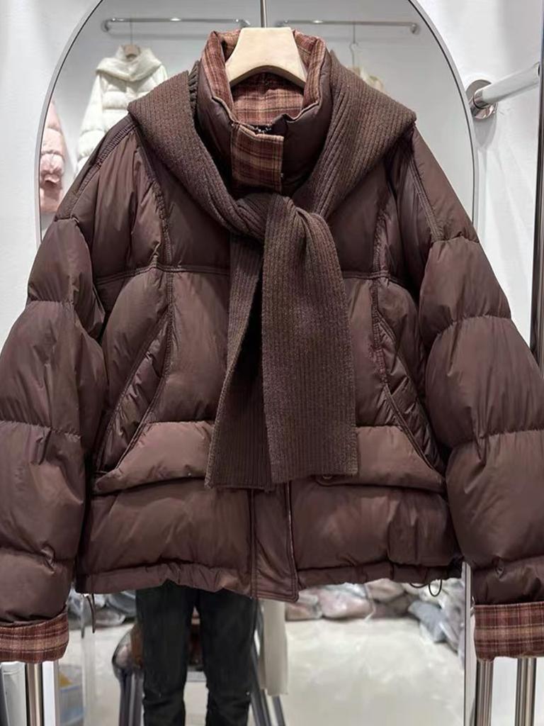 Premium stand-up collar short down jacket women's winter retro plaid splicing thickened knitted hat bread jacket