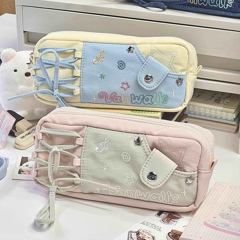 Trousse à Crayons Mignonne Étoile Note de Musique Grande Capacité Pochette en Toile de Niche Étudiantes Collège Kawaii Sacs de Rangement pour Papeterie