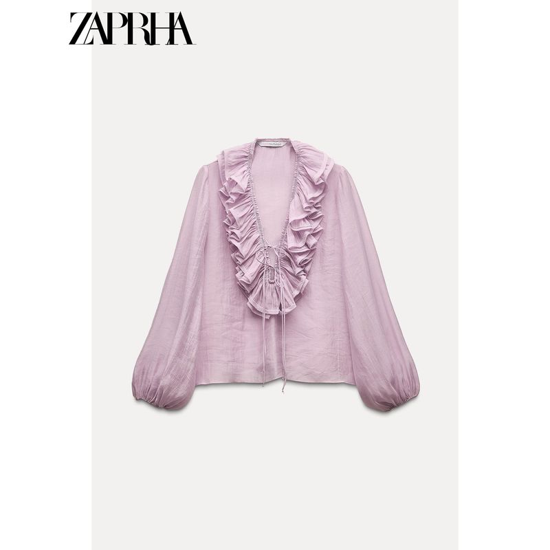 Zaprha Fashionable Shoelace Drape Smock Top Deep V Neck French Ruffles Long Sleeves Shirt for Women 8544207