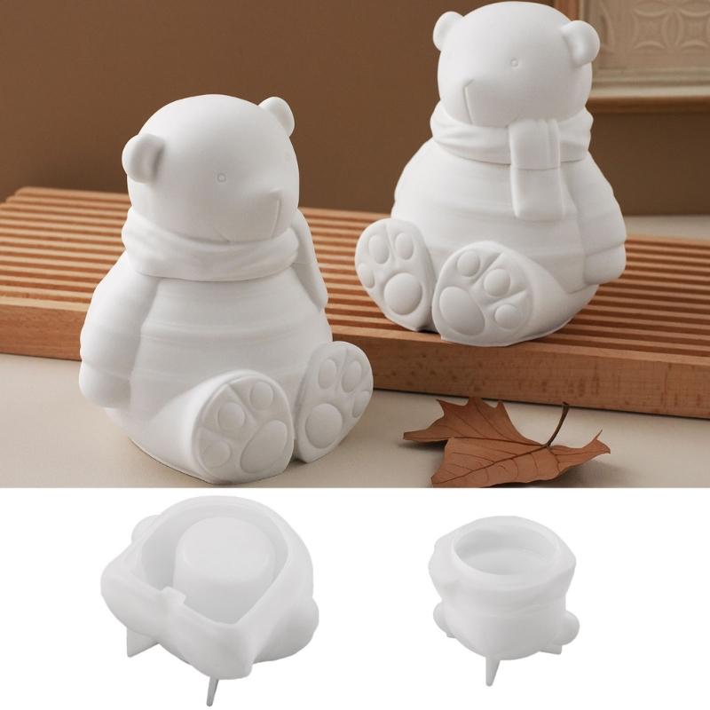 Bear Statue Resin Jar Molds Candle Cup Silicone Mould with Lid for Making Candle Container Chocolate Holiday Decoration