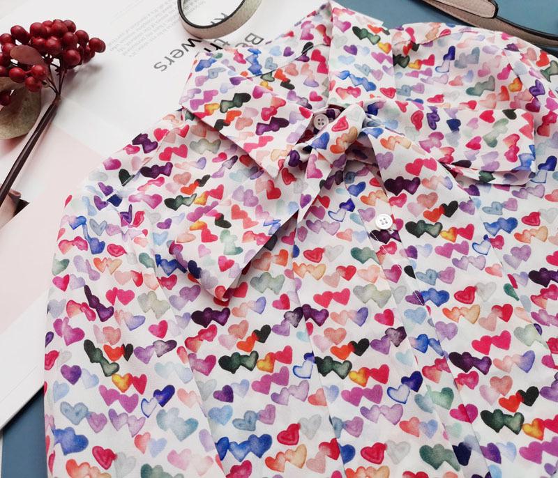 Clearance Women's Silk Long-Sleeve Shirt with Colorful Heart Print & Removable Bow