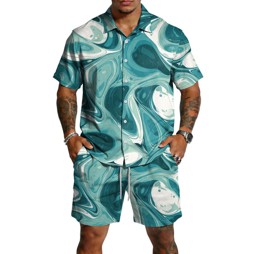 Men Casual Short Sleeve Button Down Shirt Lightweight Breathable Fabric Drawstring Waist Shorts Set Summer Outfit