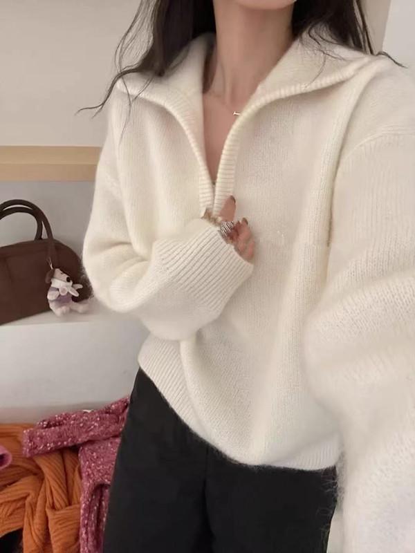2025 Autumn/Winter Women's Wool Polo Collar Sweater, Korean Lapel Style, Versatile Solid Color Knitwear