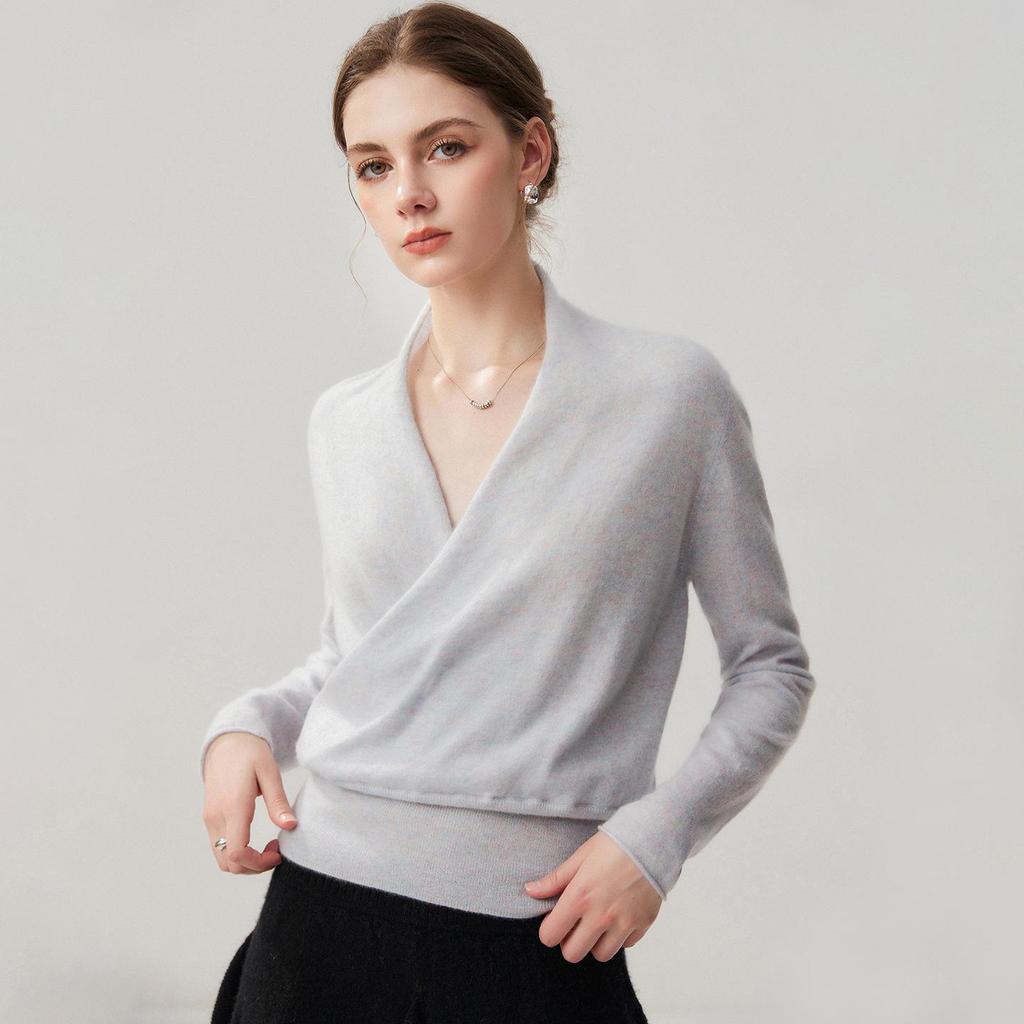 Velvet Cashmere Silk Women's Cross V-neck Sweater with Waist-cinching Knit 
