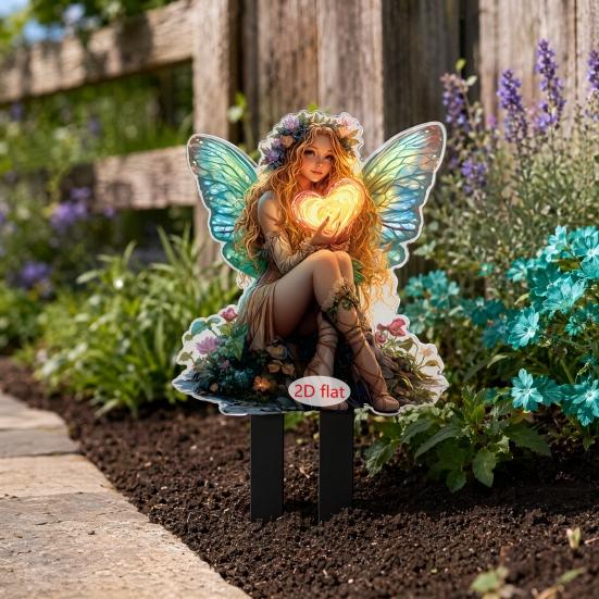Feengarten-Stab mit Laterne, 2D Acryl-Elfen-Außenhof-Dekoration, UV-bedruckte Gartenkunst für Rasen Topfpflanzen, Geschenk für Frauen