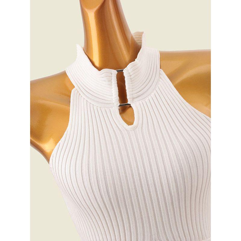 B Style Summer Series Metal Ring Knitting Vest Narrow Shoulder Hollow-out Short Halter Spaghetti Straps Vest