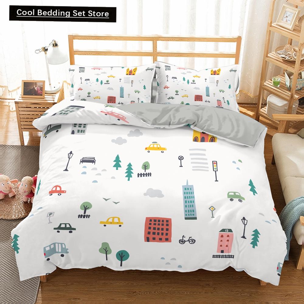 Kreslené Vlakové Ložní Sety 2/3ks Povlak na Peřinu Autíčko Náklaďák Měkký Povlak na Přikrývku Jednolůžko Queen King Size Polyesterový Povlak na Přikrývku