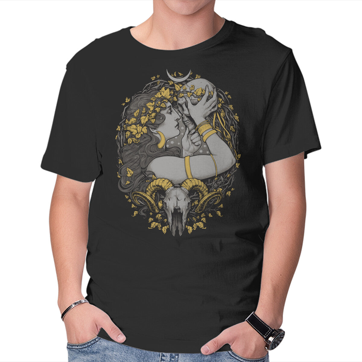 Unisex Crew Neck T-Shirt Skull Witch Graphic Short Sleeve Casual Tee XS