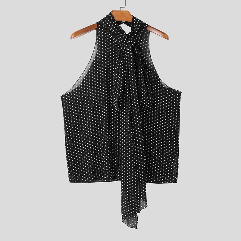 

INCERUN Men Summer Tie Up Sleeveless Polka Dots Print Casual Loose Semi-Sheer Tank Tops 5XL чёрный