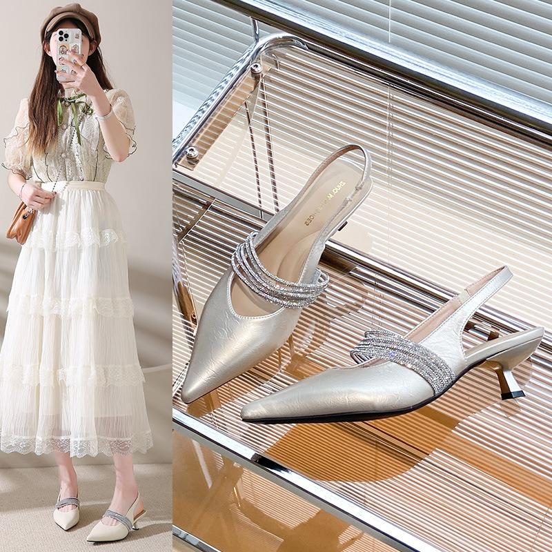Rhinestone Bag Head Fashion Sandals Women's Thin Heels Spring and Summer New Low Heels Pointed Single Shoes Empty High Heels