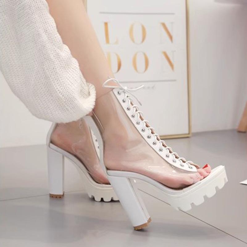 Transparent cool boots high heel style sexy strap fish mouth thick heel fake lady high heels