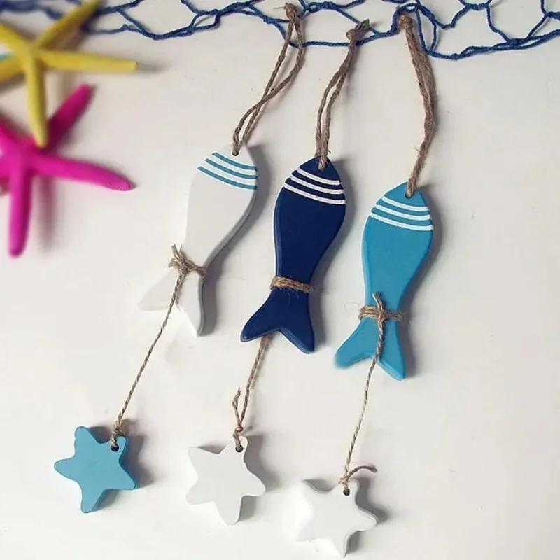3Pcs/Set Wood Crafts Mediterranean Starfish Hung Fish Nautical Decor Hang Decorated Marine Pendant.