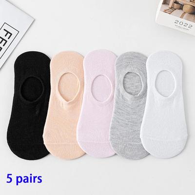 5 Pairs of WOMEN'S Solid Color Boat Socks, Invisible Low Cut Silicone Anti Slip, Summer Ankle Resistant Socks