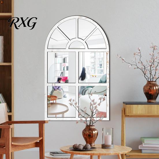 Boho Style Wall Mirror Stickers Arched Window Decor, Wooden Frame Acrylic Fake Mirror, Modern Art Self-Adhesive Windowpane Sticker for Living