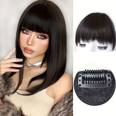 Synthetic Black Curved Bangs Clip In Hair Extensions 6 Inch Black Hairpiece Hair Clip Natural Looking For Women Everyday Hairstyle
