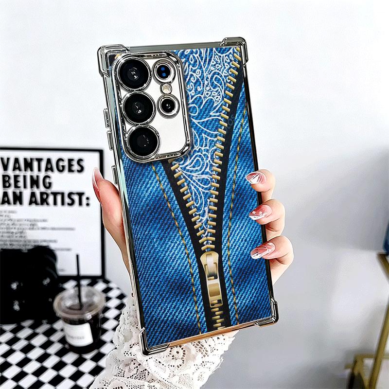 Retro Zipper Jeans Pattern Soft Phone Case For Samsung Galaxy S26 Ultra S25 Edge S24 FE S23 Plus S22 S21 + S20 Plating Anti-Fall