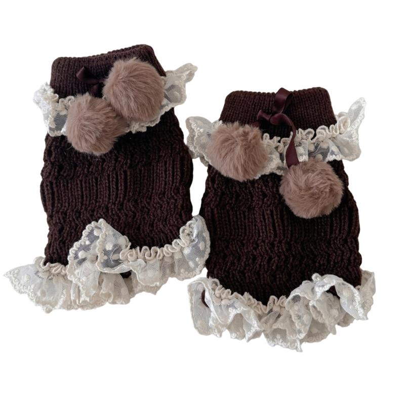 Fashionable Plush Balls Bows Adorned Leg Warmers with Lace Detail for Women's Hollowout Knitted Short Leg Covers Sleeves