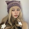 Girl Cartoon Kitten Ear Striped Knit Beanie Hat Y2K Star Party Hat Photo Props Hot Girl Cute Slouchy Knitting Hat