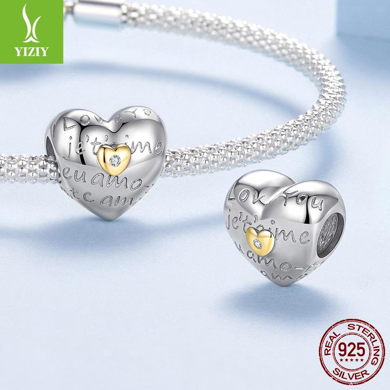 S925 Sterling Silver Plated Love Beaded Jewelry Accessories, Romantic Valentine'S Day I Love You Beads