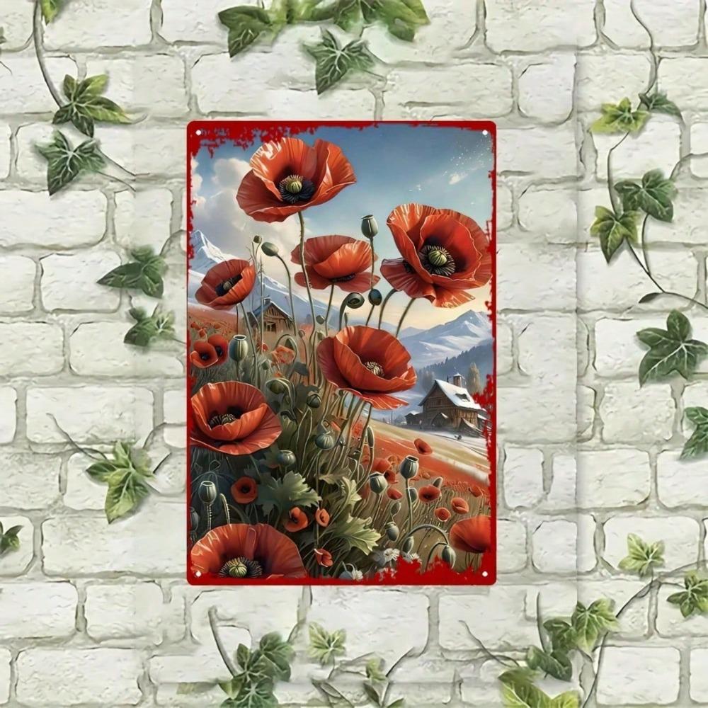 1pc Vintage Heart Metal Wall Art, Red White Poppy Rustic Iron Sign, 8x12 Inch Floral Decor for Home Cafe Office