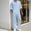 Mens Linen Blend Shirt Set Long Sleeve Top Pants Retro Stand Collar Casual Outfit