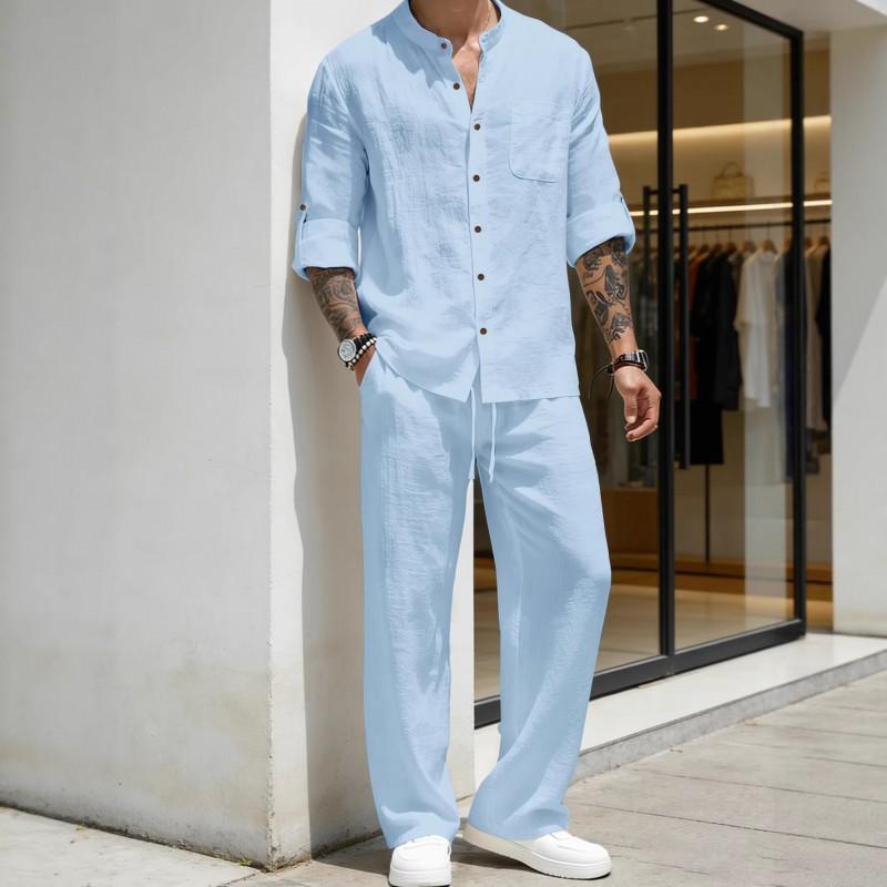 Mens Linen Blend Shirt Set Long Sleeve Top Pants Retro Stand Collar Casual Outfit
