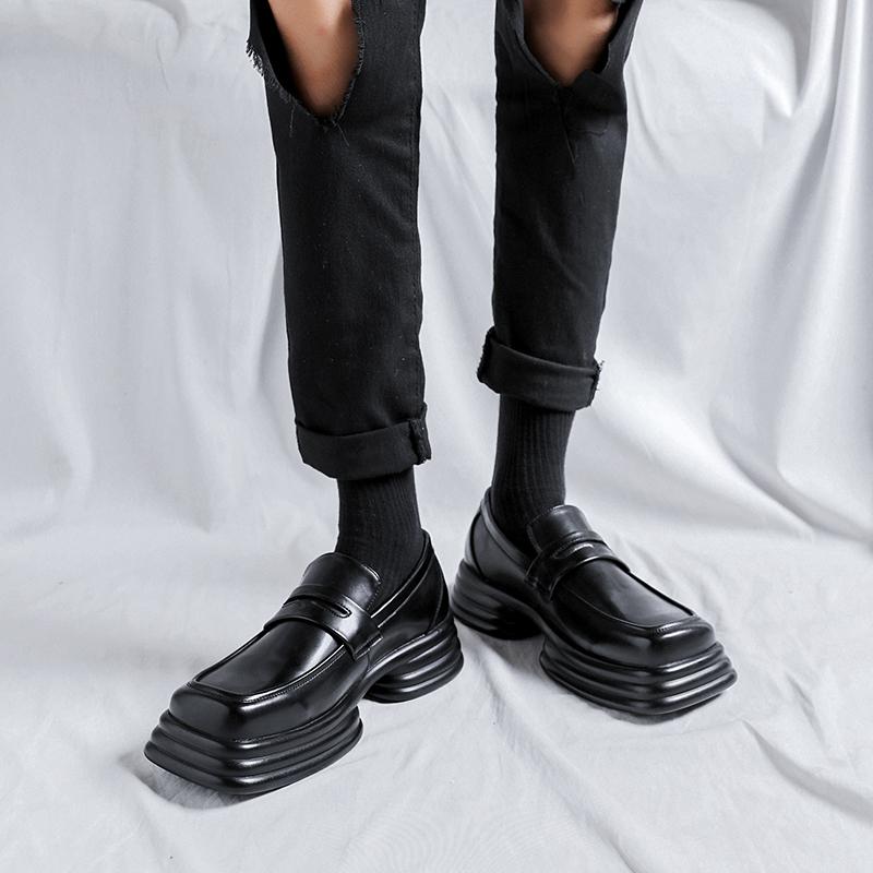 Módní pánské černé mokasíny se čtvercovou špičkou, silnou podrážkou, z PU, jednobarevné, s maskovou ozdobou, všestranné pracovní boty, módní pánské společenské boty