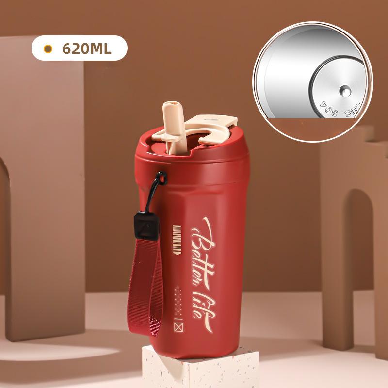 620ml Stainless Steel Vacuum Flask with Retractable Straw Leak-Proof Coffee Tea Cold Drink Bottle Car Thermos Mug