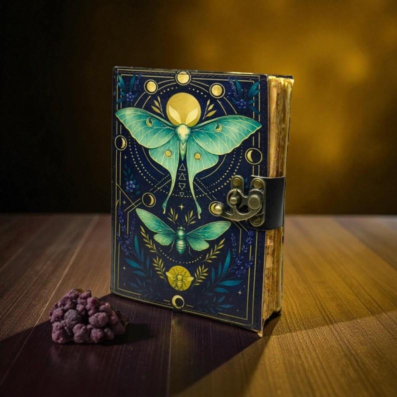Handmade Leather Journal – Vintage Celestial Moth Notebook – Antique Lock Diary for Writing, Sketching, Gifts & Personal Journaling