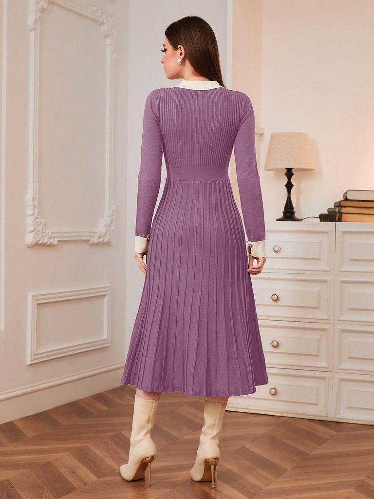 Shein French Long-Sleeve Midi Dress, Slim-Fit Knit, Figure-Flattering Women's Fashion