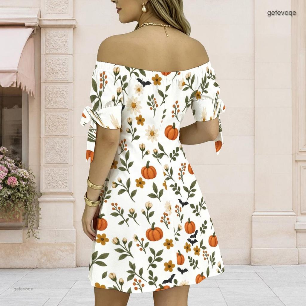 Women Plus Size White Off Shoulder Short Sleeve Tie Cuff Printed A Line Dress