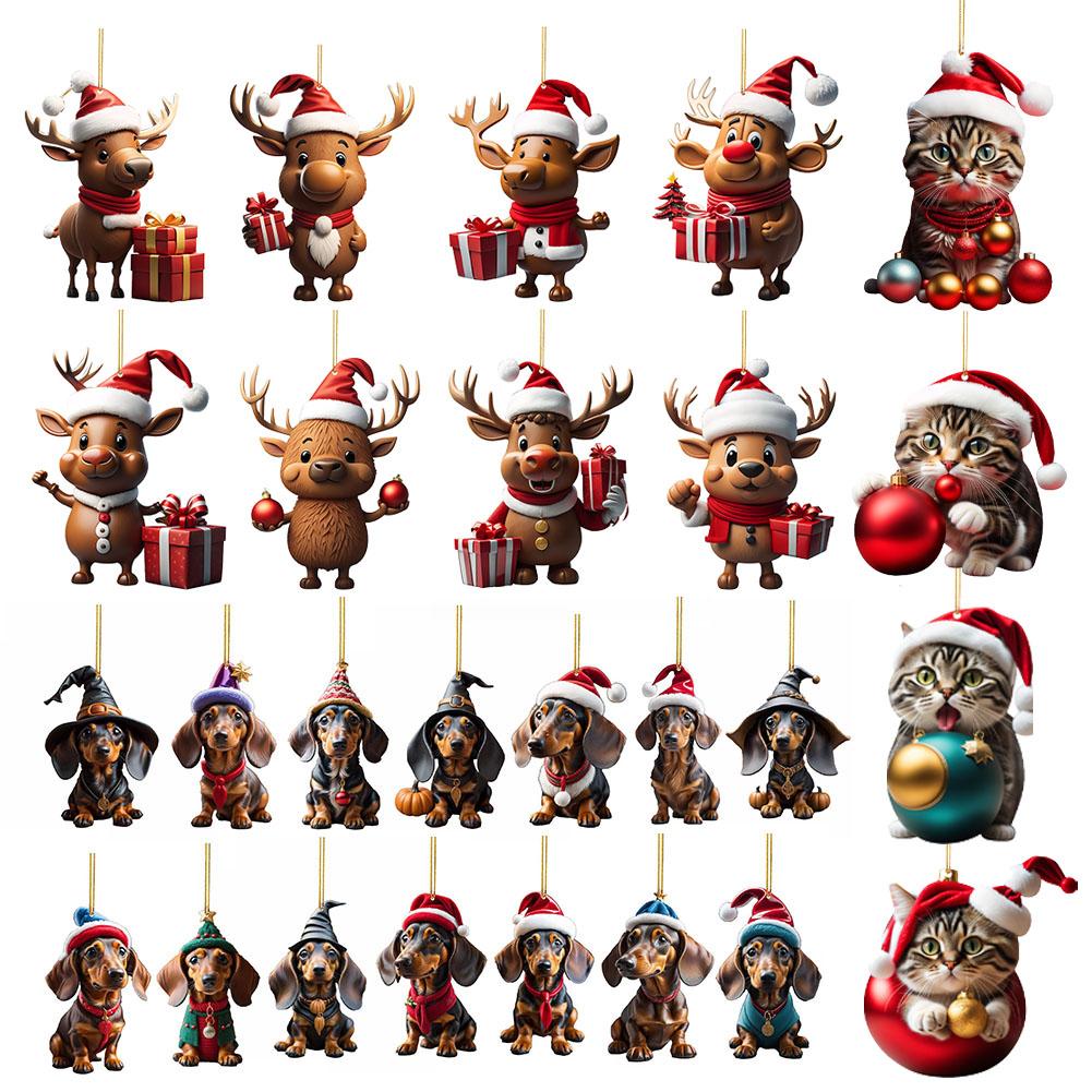 2025 Christmas Ornaments Elk Pendant Hanging Decoration Gift Cute Dog Cat Hanging Tree Cartoon Product Pendant Party Supplies
